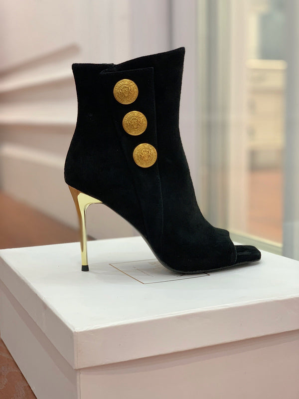 BM 26S Open-Toe Ankle Boots 9.5cm Gold Buttons Stiletto Black Suede 111324
