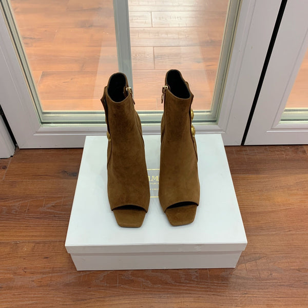 BM 26S Open-Toe Ankle Boots 9.5cm Gold Buttons Stiletto Brown Suede 111323