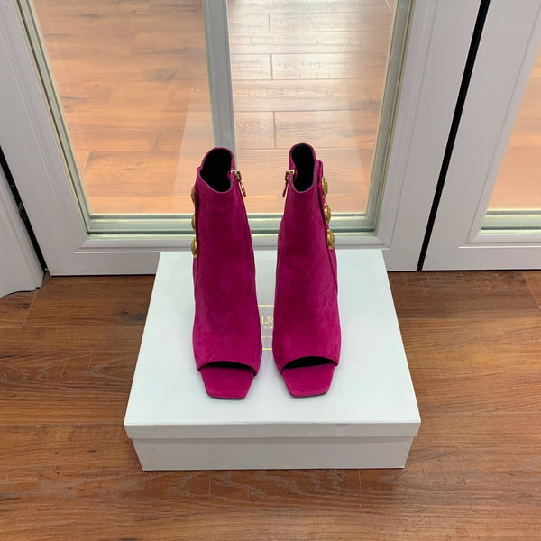 BM 26S Open-Toe Ankle Boots 9.5cm Gold Buttons Stiletto Hot Pink Suede 111321