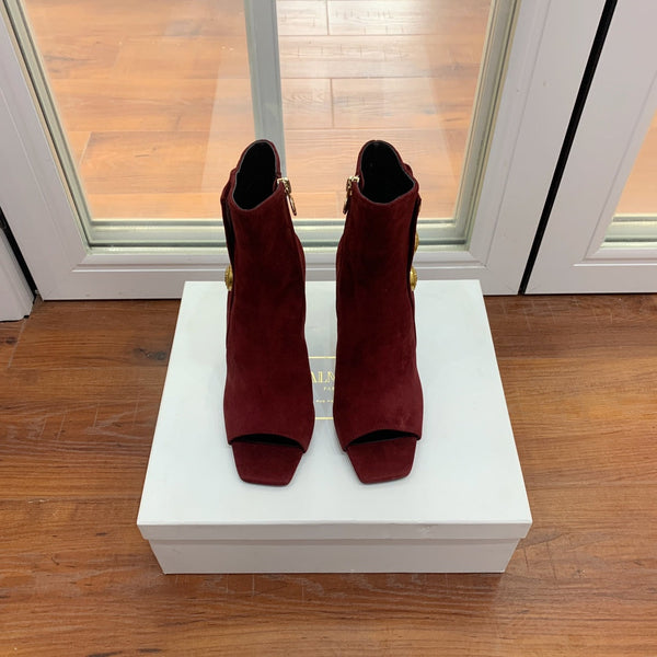 BM 26S Open-Toe Ankle Boots 9.5cm Gold Buttons Stiletto Burgundy Suede 111319