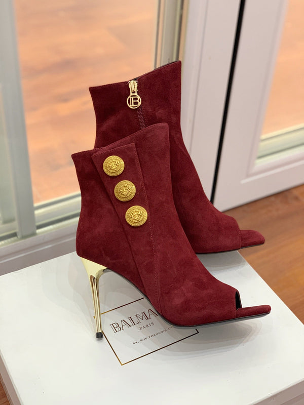 BM 26S Open-Toe Ankle Boots 9.5cm Gold Buttons Stiletto Burgundy Suede 111319