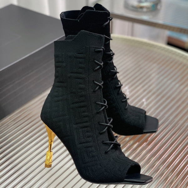 BM 26S Moneta Monogram Lace-Up Boots Peep-Toe Black Knit 111315