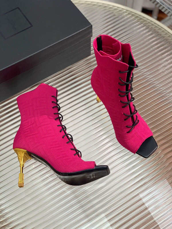 BM 26S Moneta Monogram Lace-Up Boots Peep-Toe Hot Pink Knit 111313