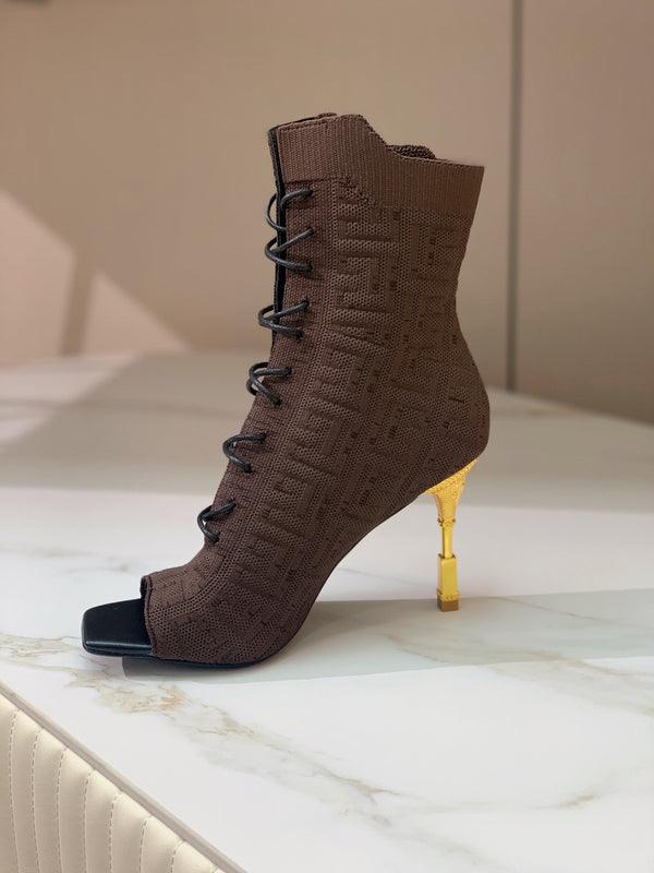 BM 26S Moneta Monogram Lace-Up Boots Peep-Toe Coffe Knit 111312