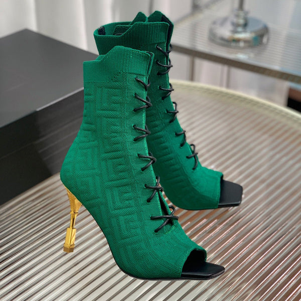 BM 26S Moneta Monogram Lace-Up Boots Peep-Toe Dark Green Knit 111311