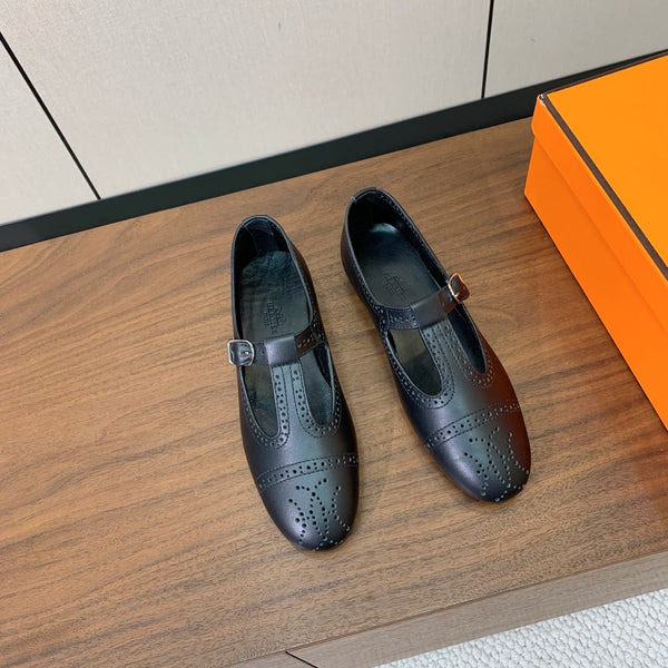 HM Nectar Ballet Flats H Lift Perforations T-Strap Black Leather 111180