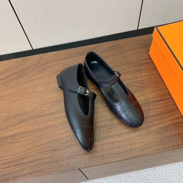 HM Nectar Ballet Flats H Lift Perforations T-Strap Black Leather 111180