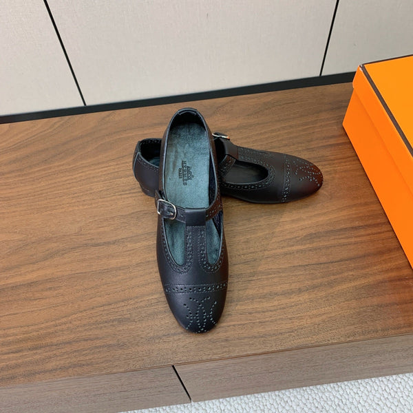 HM Nectar Ballet Flats H Lift Perforations T-Strap Black Leather 111180