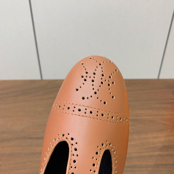 HM Nectar Ballet Flats H Lift Perforations T-Strap Brown Leather 111179