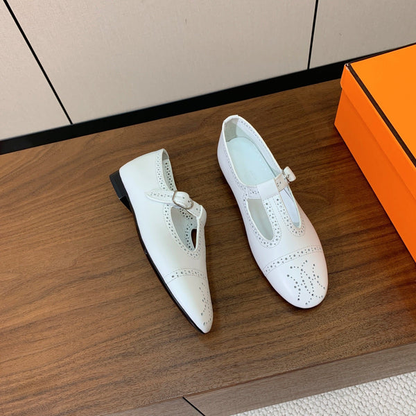 HM Nectar Ballet Flats H Lift Perforations T-Strap White Leather 111178