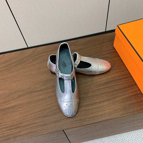 HM Nectar Ballet Flats H Lift Perforations T-Strap Silver Leather 111176