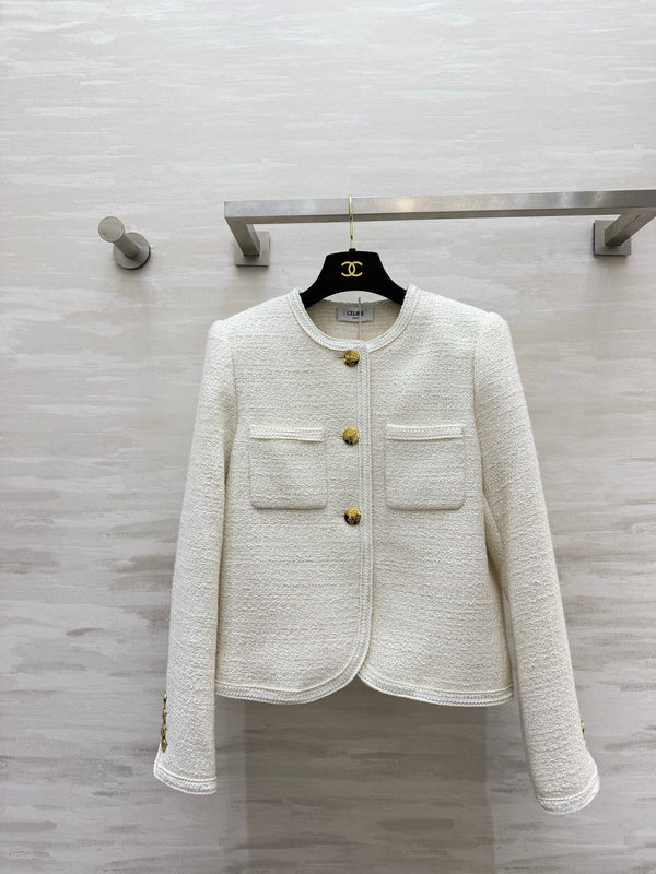 CE Short Bouclé Tweed Jackets Gold Buttons Dual Patch Pockets 430352