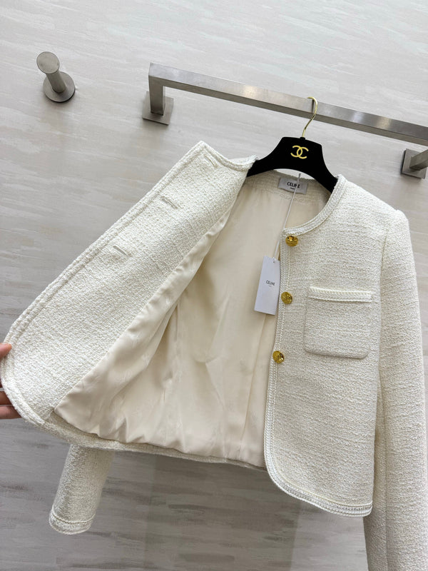 CE Short Bouclé Tweed Jackets Gold Buttons Dual Patch Pockets 430352