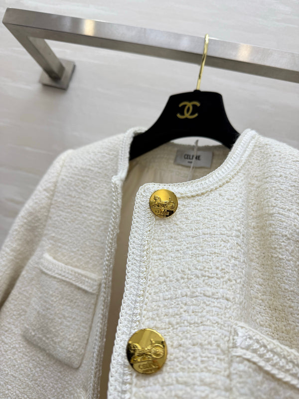 CE Short Bouclé Tweed Jackets Gold Buttons Dual Patch Pockets 430352