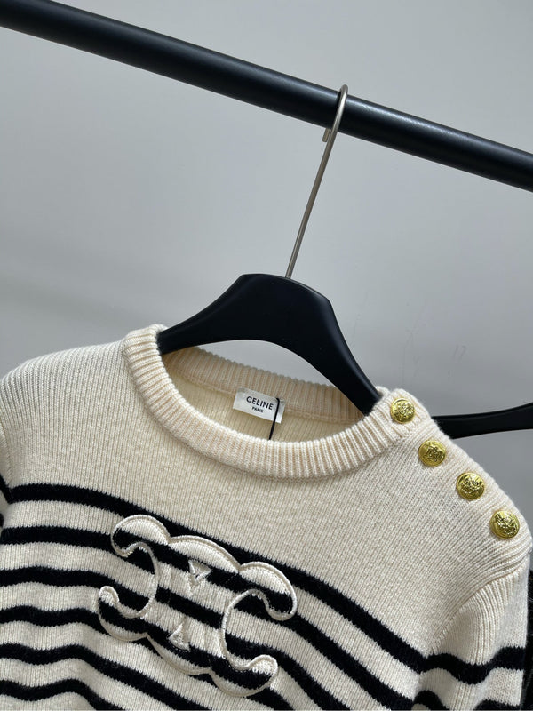 CE 26S Striped Crewneck Sweater Triomphe Logo Ecru Black Wool 430373