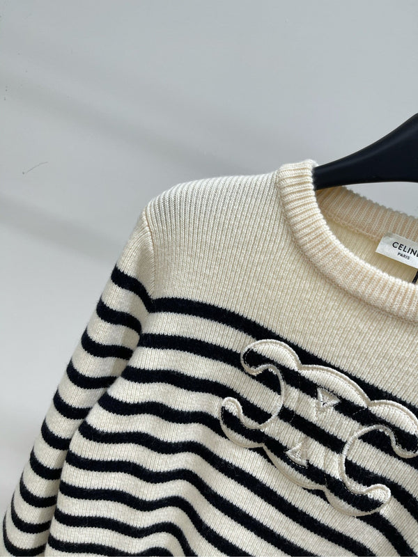 CE 26S Striped Crewneck Sweater Triomphe Logo Ecru Black Wool 430373