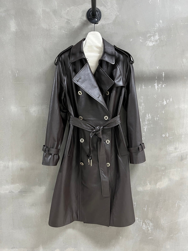 CC Double-breasted Trench Coat With Belt Dark Brown Calfskin