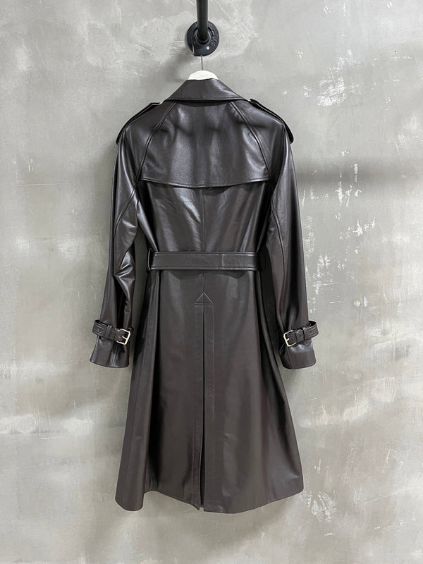 CC Double-breasted Trench Coat With Belt Dark Brown Calfskin
