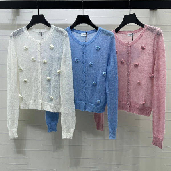 CE 26S Sheer Knit Cardigan 3D Flower Appliqués Mohair 430306