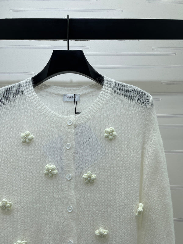 CE 26S Sheer Knit Cardigan 3D Flower Appliqués Mohair 430306
