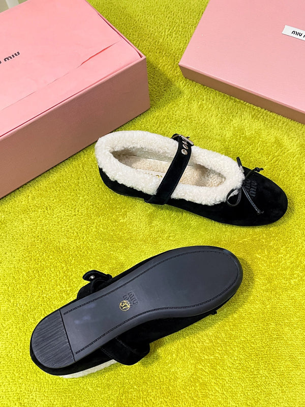 Miu Shearling Trim Mary Jane Flats Bow Detail Black Suede 137209