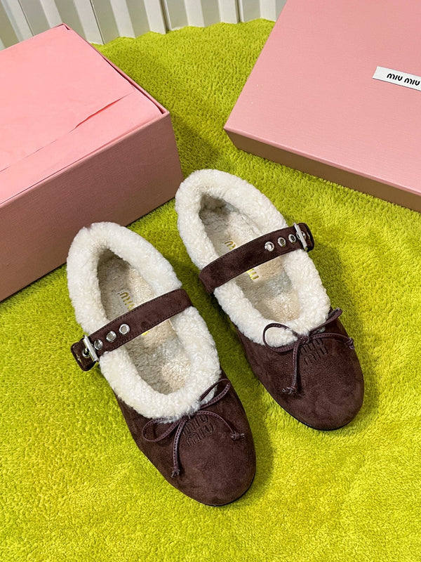 Miu Shearling Trim Mary Jane Flats Bow Detail Brown Suede 137208