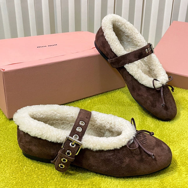 Miu Shearling Trim Mary Jane Flats Bow Detail Brown Suede 137208