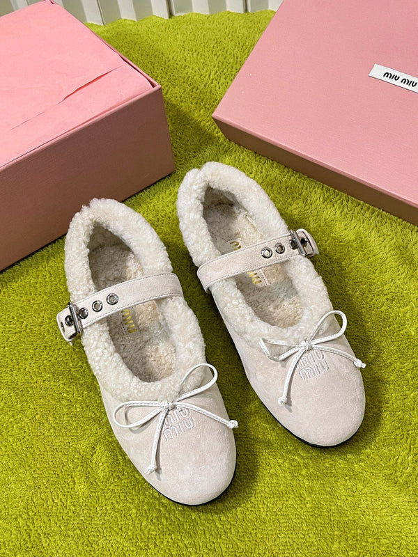 Miu Shearling Trim Mary Jane Flats Bow Detail Cream Suede 137207