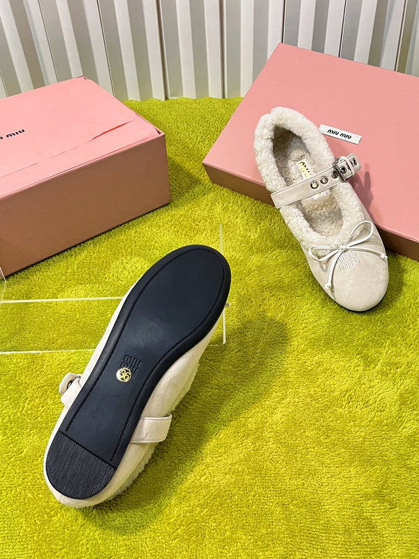 Miu Shearling Trim Mary Jane Flats Bow Detail Cream Suede 137207