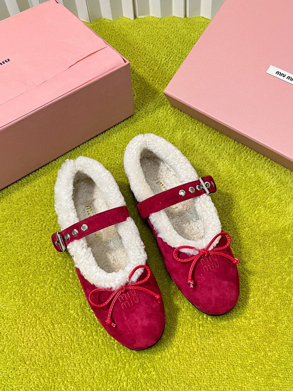 Miu Shearling Trim Mary Jane Flats Bow Detail Red Suede 137205
