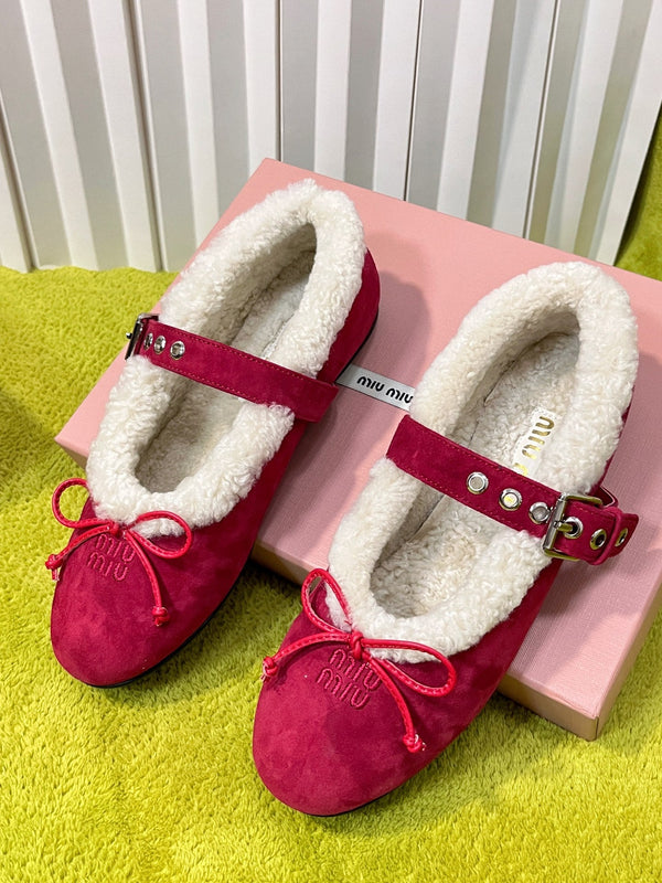 Miu Shearling Trim Mary Jane Flats Bow Detail Red Suede 137205