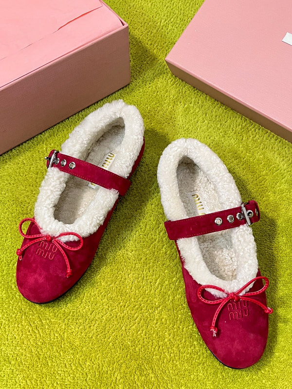 Miu Shearling Trim Mary Jane Flats Bow Detail Red Suede 137205