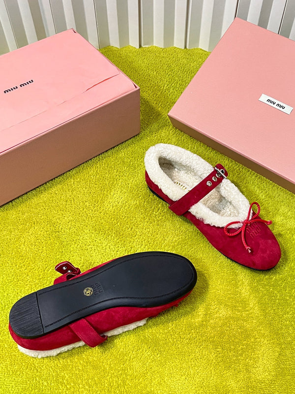 Miu Shearling Trim Mary Jane Flats Bow Detail Red Suede 137205