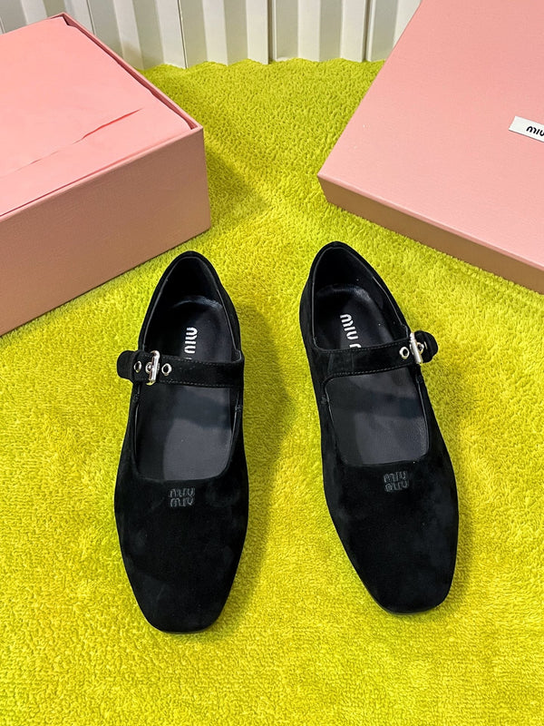 Miu 26S Mary Jane Flats Buckled Strap Logo Black Suede 137203