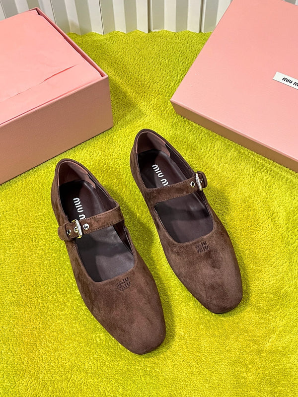 Miu 26S Mary Jane Flats Buckled Strap Logo Brown Suede 137202