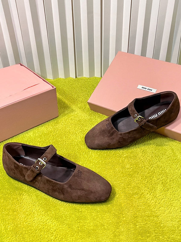 Miu 26S Mary Jane Flats Buckled Strap Logo Brown Suede 137202