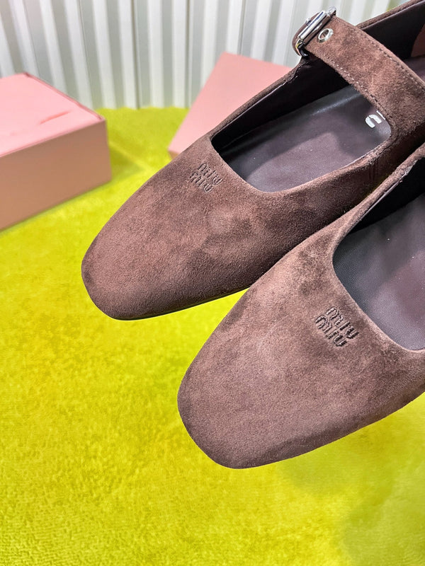 Miu 26S Mary Jane Flats Buckled Strap Logo Brown Suede 137202