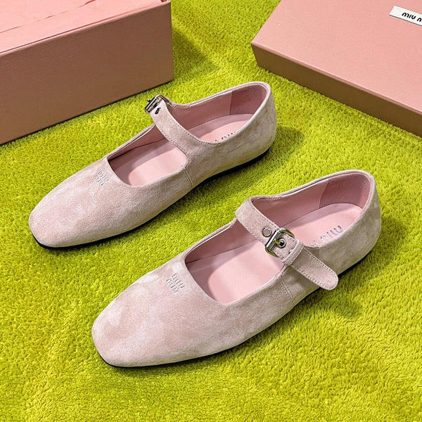 Miu 26S Mary Jane Flats Buckled Strap Logo Pink Suede 137200