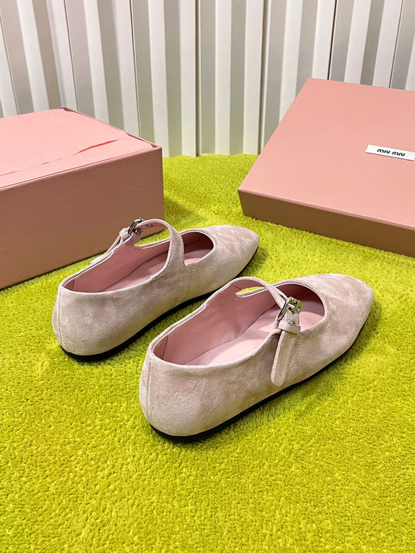Miu 26S Mary Jane Flats Buckled Strap Logo Pink Suede 137200