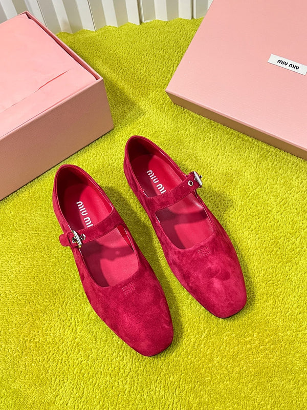 Miu 26S Mary Jane Flats Buckled Strap Logo Red Suede 137198