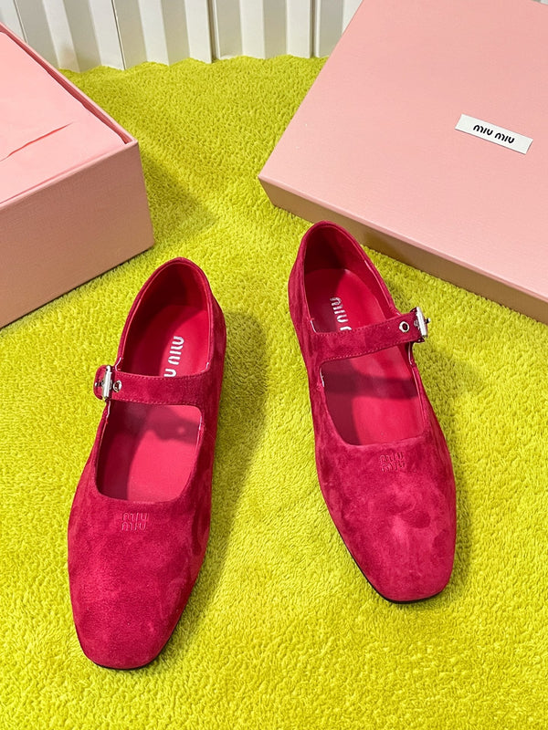 Miu 26S Mary Jane Flats Buckled Strap Logo Red Suede 137198