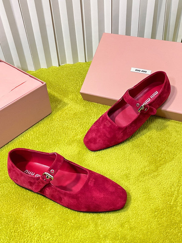 Miu 26S Mary Jane Flats Buckled Strap Logo Red Suede 137198
