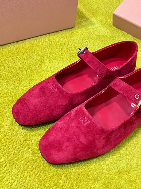 Miu 26S Mary Jane Flats Buckled Strap Logo Red Suede 137198