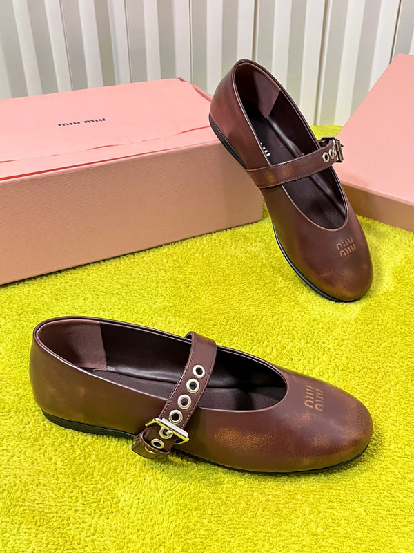 Miu 26S Mary Jane Ballerina Flats Buckle Brown Cowhide 137197