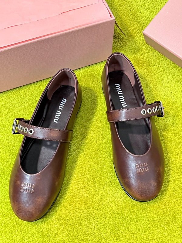Miu 26S Mary Jane Ballerina Flats Buckle Brown Cowhide 137197
