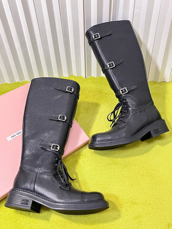 Miu 26S Knee-High Lace-Up Boots 4CM Triple Buckle Black Pebbled Leather 137190