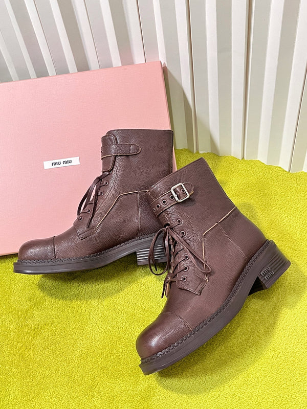 Miu 26S Mid-Calf Lace-Up Boots 4CM Triple Buckle Brown Pebbled Leather 137189