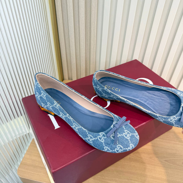 GG 26S Horsebit Ballet Flats Bow Detail Blue GG Canvas 141311