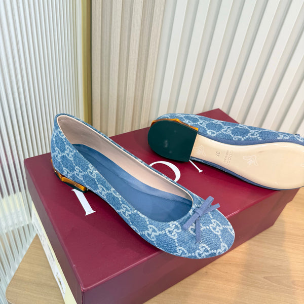 GG 26S Horsebit Ballet Flats Bow Detail Blue GG Canvas 141311