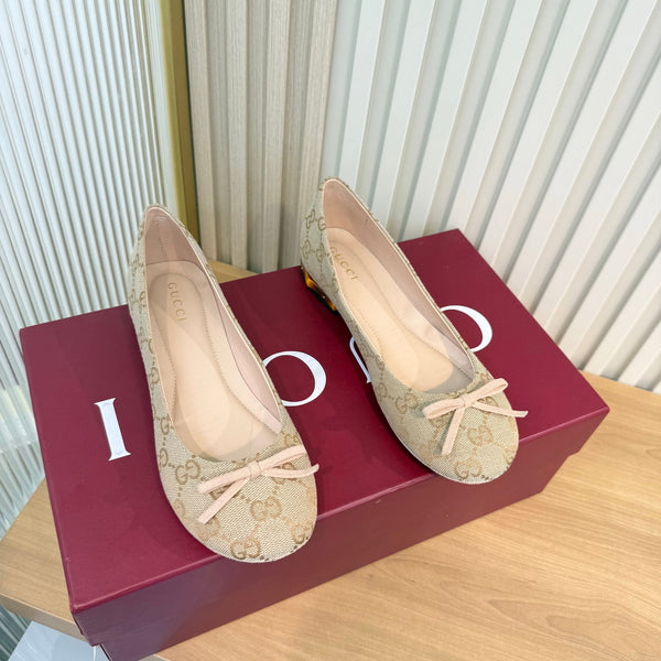 GG 26S Horsebit Ballet Flats Bow Detail Beige GG Canvas 141310